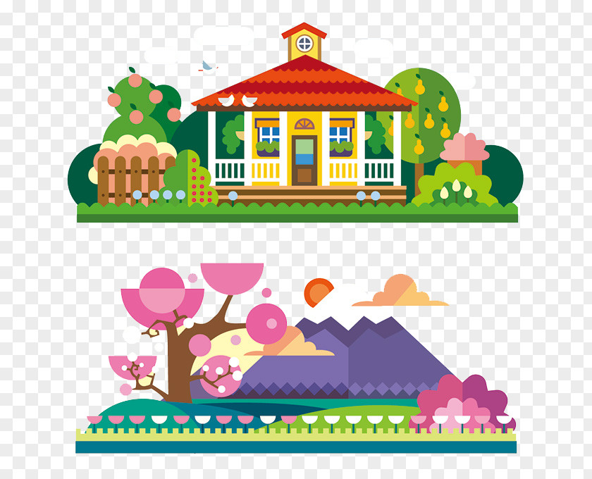 Cartoon Cottages With Cherry Trees Beautiful Landscape Spring Apartment Illustration PNG