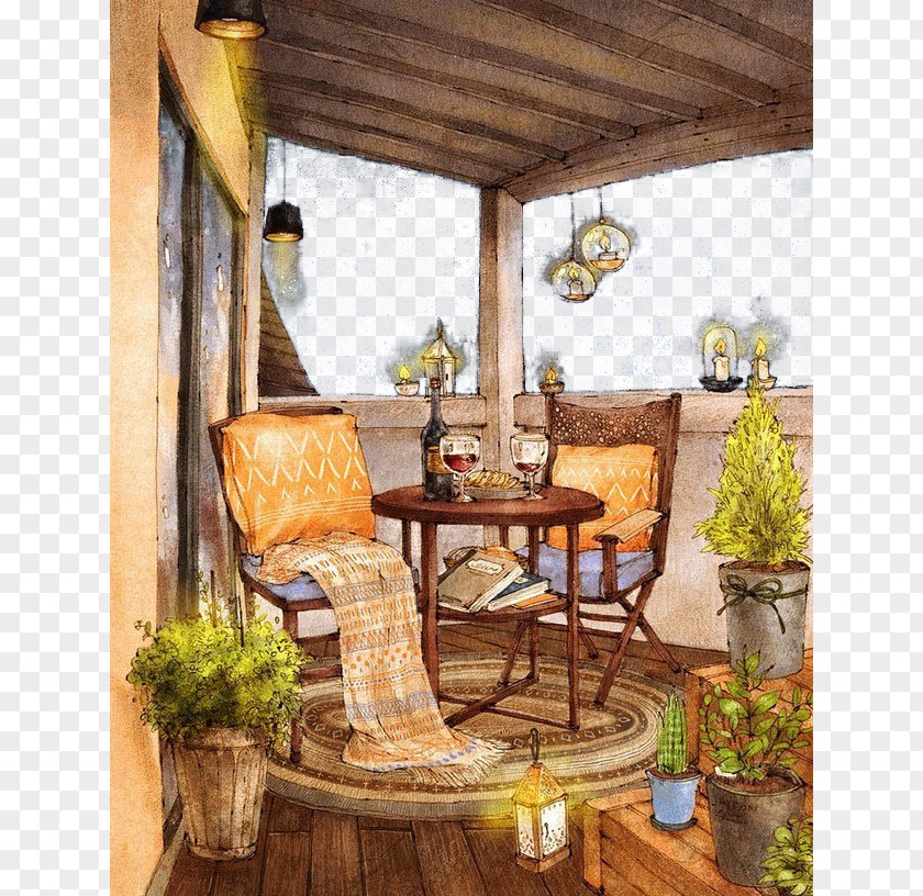 Balcony Landscape Illustration Artist Painting Drawing PNG