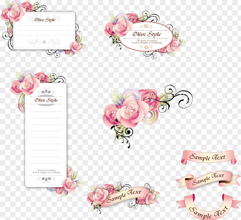 Ribbon Card And Hand-painted Flowers Paper Flower Adobe Illustrator PNG