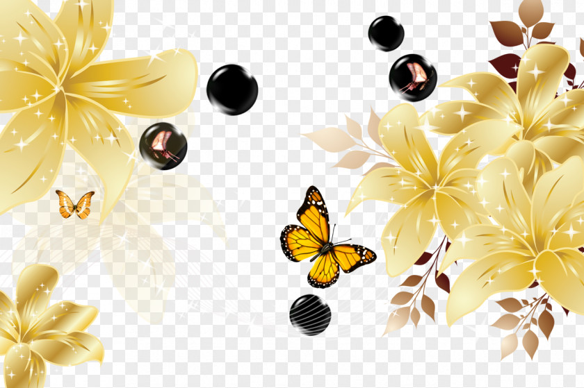 Yellow Flower Dream Butterfly Living Room Desktop Wallpaper PNG