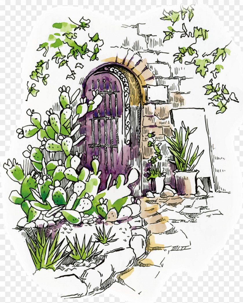 Purple Hand-painted Gate Floral Design Drawing Illustration PNG