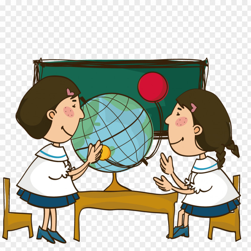 Men And Women Look At The Globe Cartoon Illustration PNG