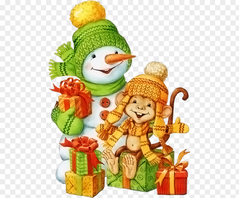 Watercolor Snowman Ded Moroz Monkey New Year Ansichtkaart Illustration PNG
