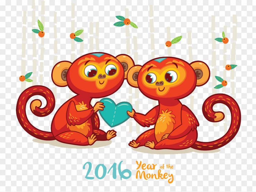 Two Red Monkey Chinese New Year Card Illustration PNG