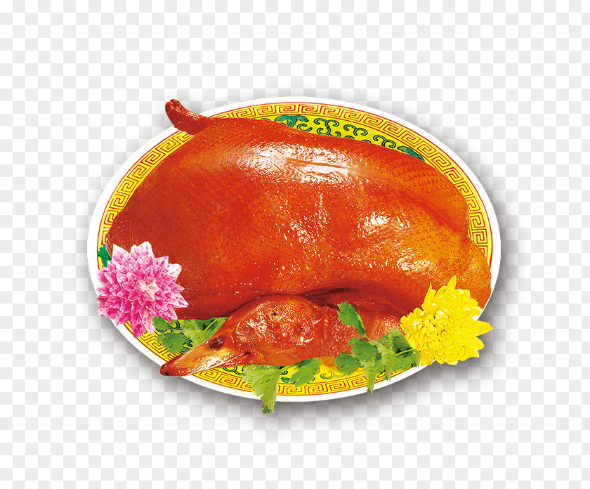 Roast Duck And Flowers On A Plate Peking Goose Red Cooking Barbecue Chicken PNG