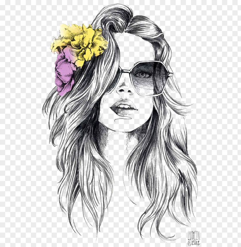 Sunglasses Beautiful Curls Drawing Watercolor Painting Fashion Illustration Sketch PNG