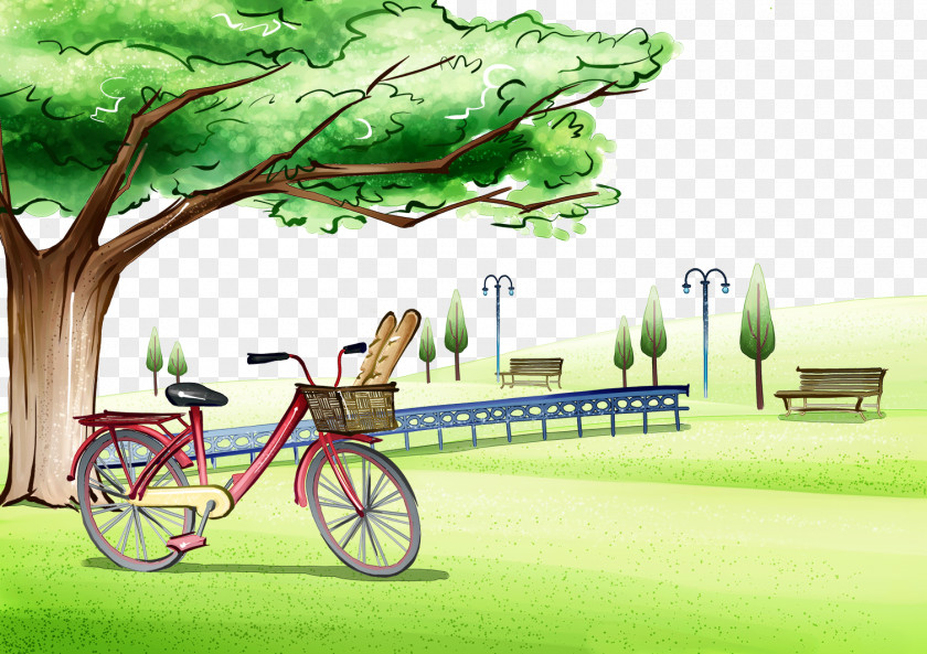 Hand-painted Scenery Park Cartoon Landscape Illustrator Poster PNG