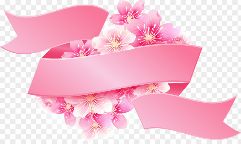 Vector Painted Pink Cherry Label Ribbon Flowers PNG