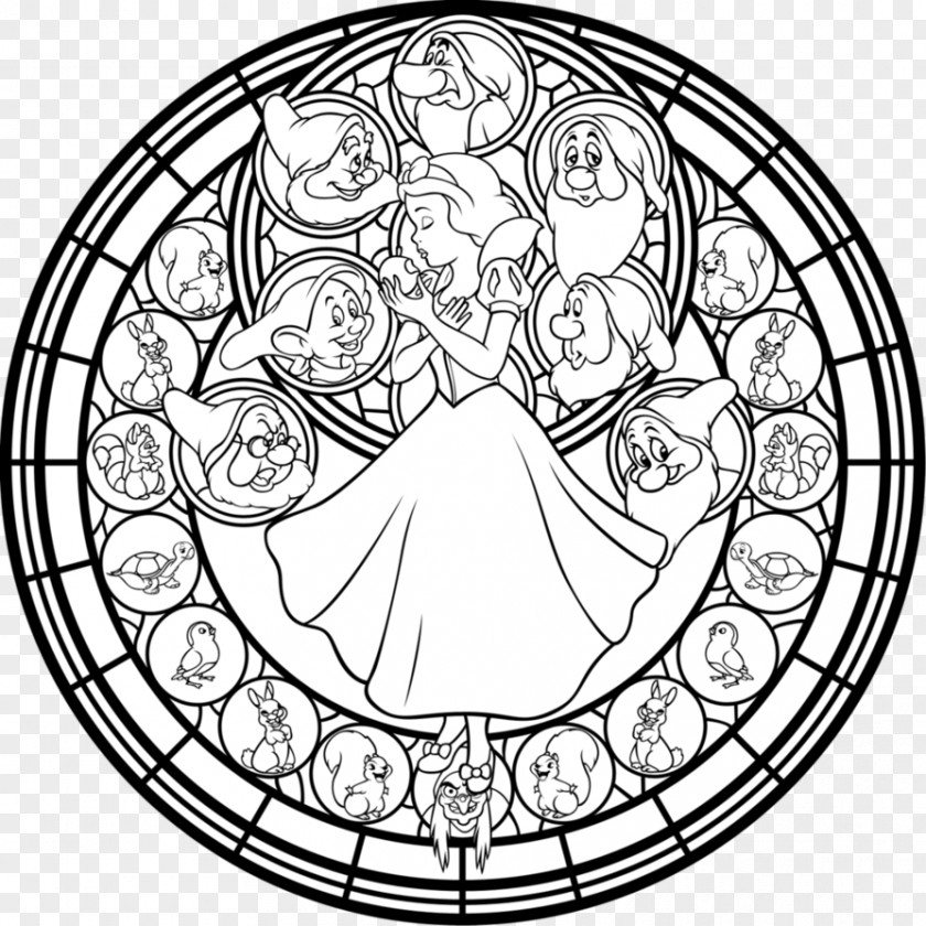 Snow White And The Seven Dwarfs Sunset Shimmer Window Design For Stained Glass Coloring Book PNG