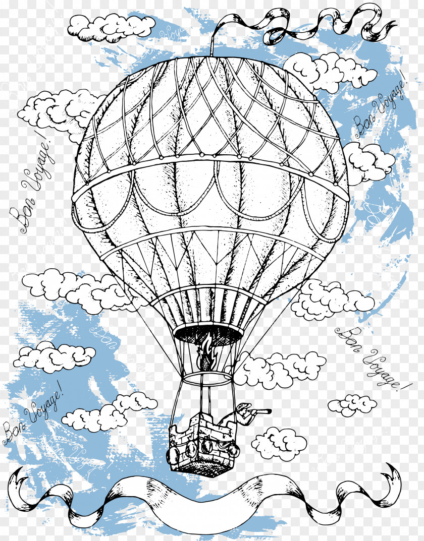 Blue Sky Hot Air Balloon Drawing Illustration PNG