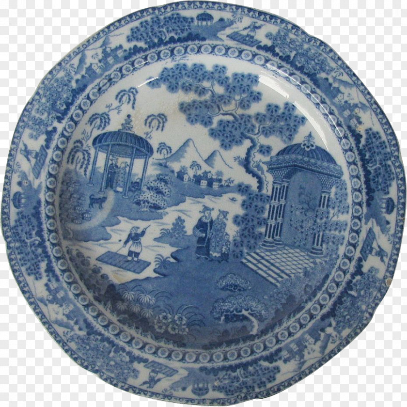 Chinoiserie Blue And White Pottery Plate Tableware Antique Transferware PNG