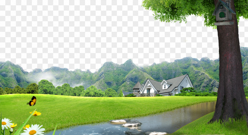 Town Landscape Background Material Lawn Villa PNG