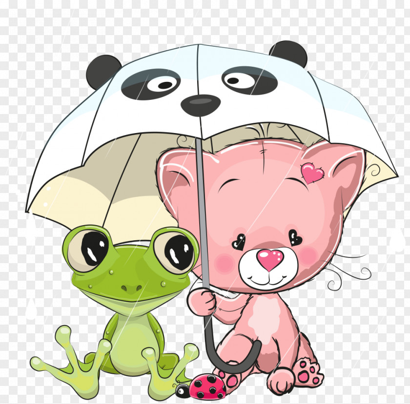 Vector Kitten And Frog Under Umbrella Stock Illustration PNG