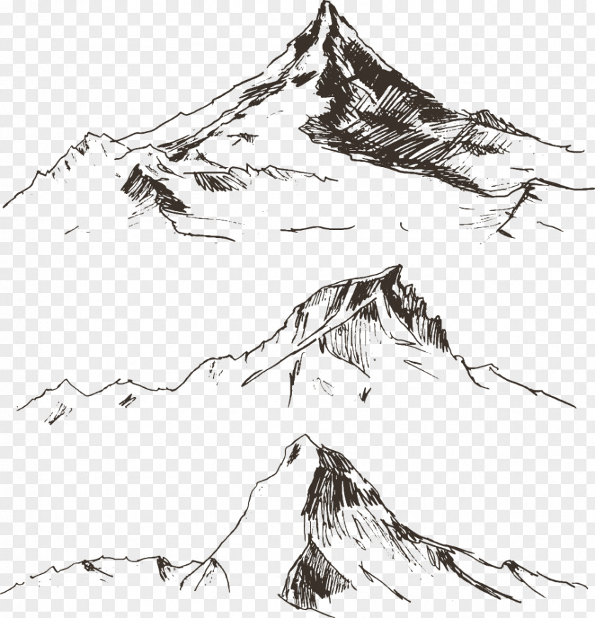 Vector Line Drawing Three Big Mountains Mountain Royalty-free Illustration PNG