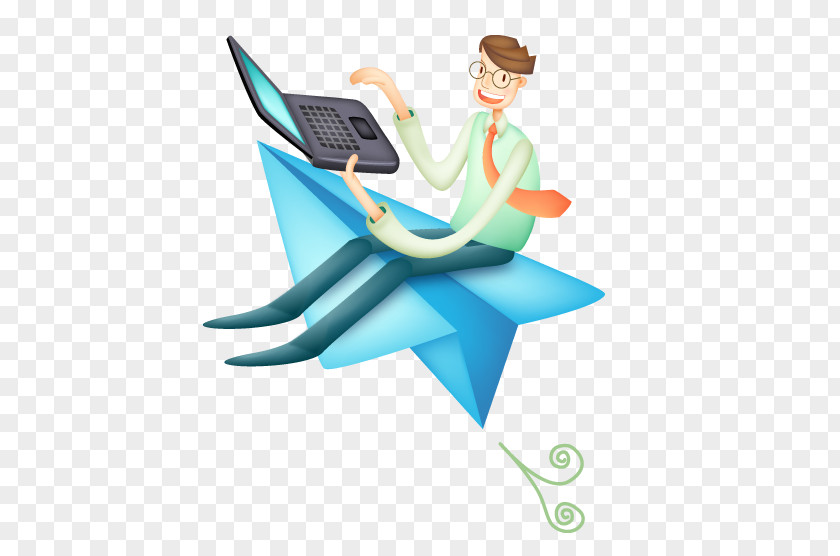 Cartoon Boy Playing Computer Laptop Paper Airplane PNG