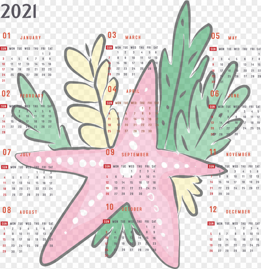 Year 2021 Calendar Printable Yearly Full PNG