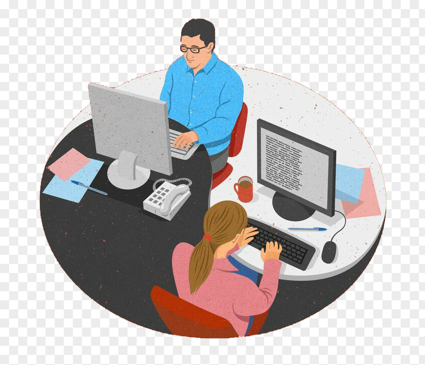 Men And Women In Front Of Computer Office Circular Pattern Illustrator Satire Drawing Art Illustration PNG