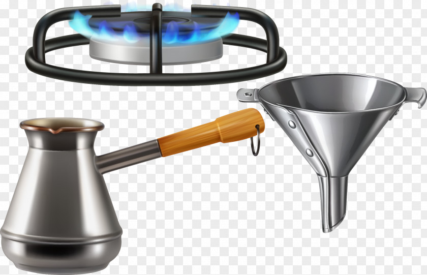 Metal Kitchen Utensils Vector Water Scoop Funnel Gas Stove Burner Natural PNG