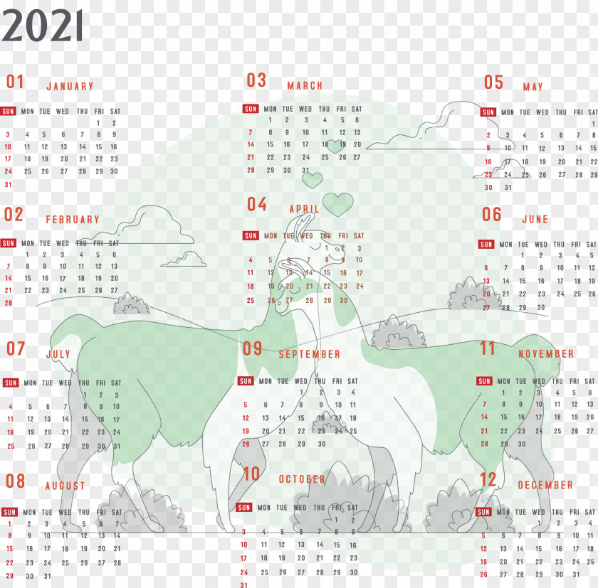 Year 2021 Calendar Printable Yearly Full PNG