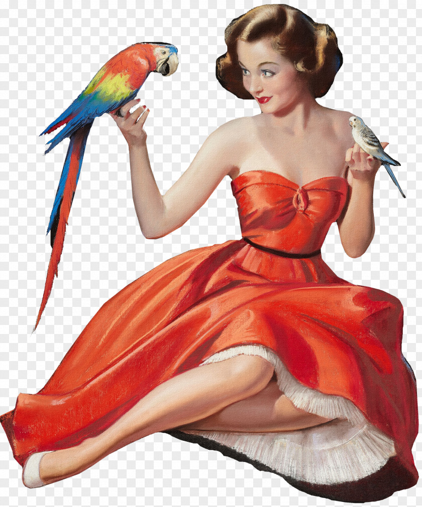 Pin-up Girl Woman Vintage Clothing Retro Style PNG girl clothing style, pin up girl, woman wearing red a-line dress holding birds art clipart PNG