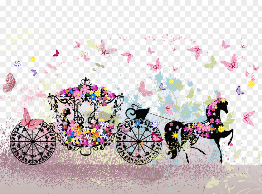 Hand-painted Flowers Wedding Carriage Butterfly Stock Photography Clip Art PNG