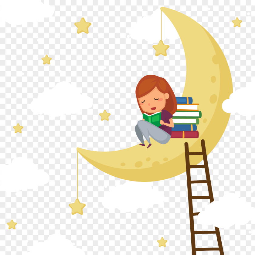 Child Euclidean Reading Moon PNG Moon, girl reading on the moon, woman book crescent moon illustration clipart PNG