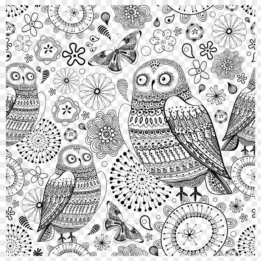 Owl Shading Coloring Book Adult Stress Drawing Mandala PNG