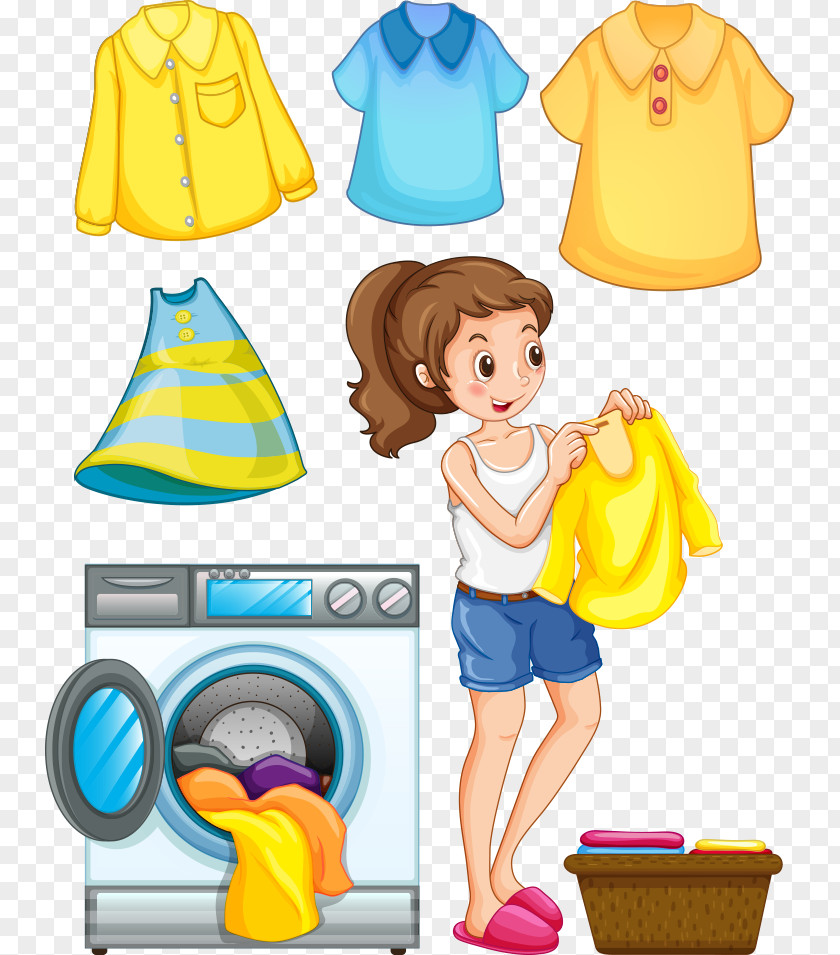 Drying Clothes Vector Woman Laundry Ironing Washing Machine Clip Art PNG