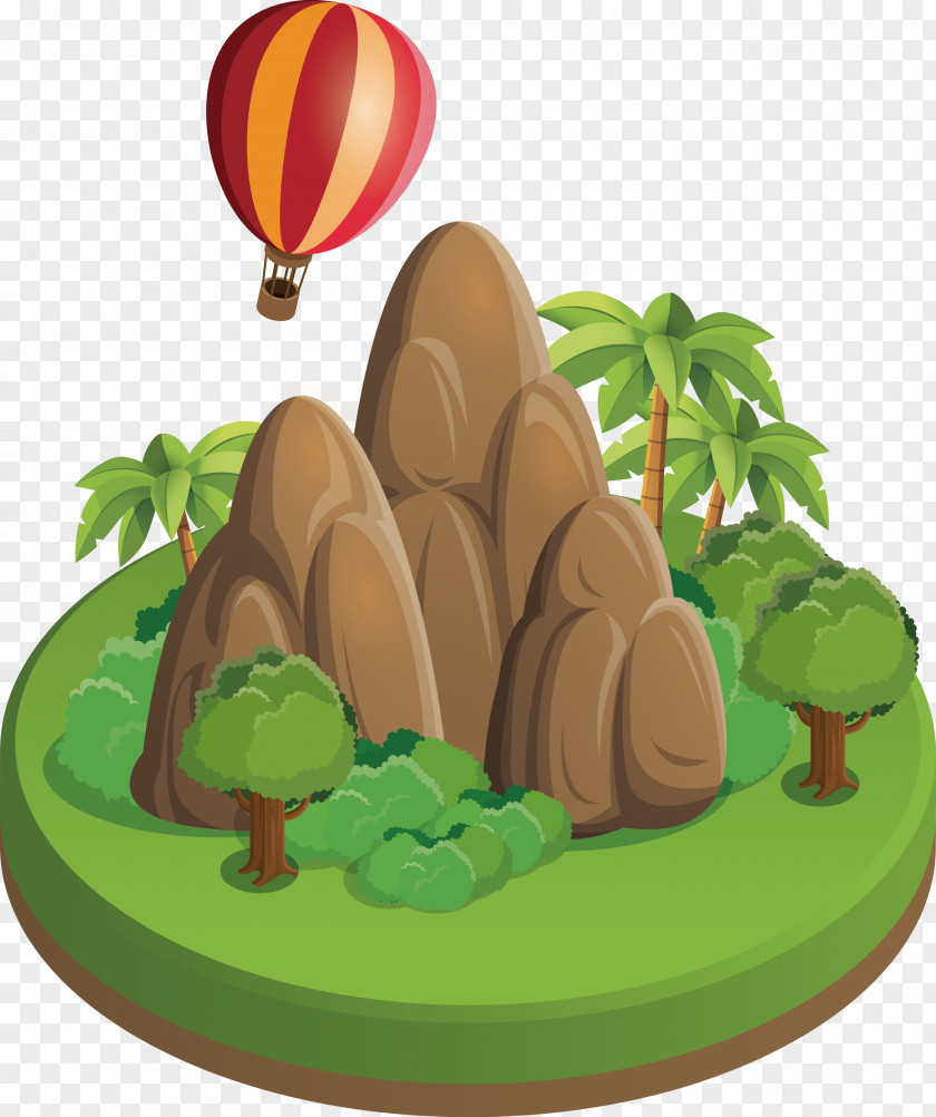 Vector Three-dimensional Mountain Tree Hot Air Balloon Designer Illustration PNG