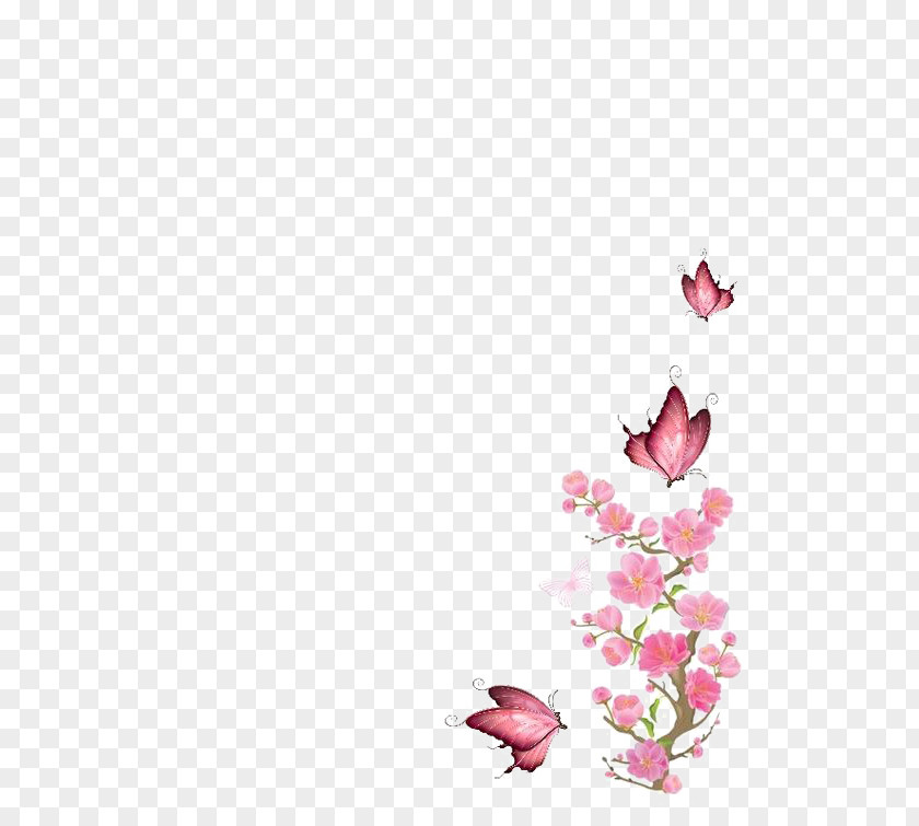 Pink Fly Butterfly Flower Branch Clip Art PNG