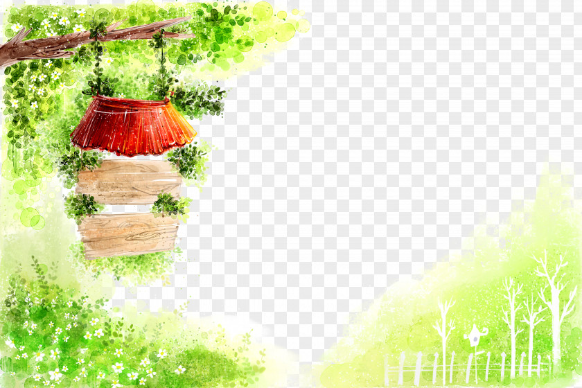 Watercolor Wooden Tag Trees Background Cartoon Spring Illustration PNG