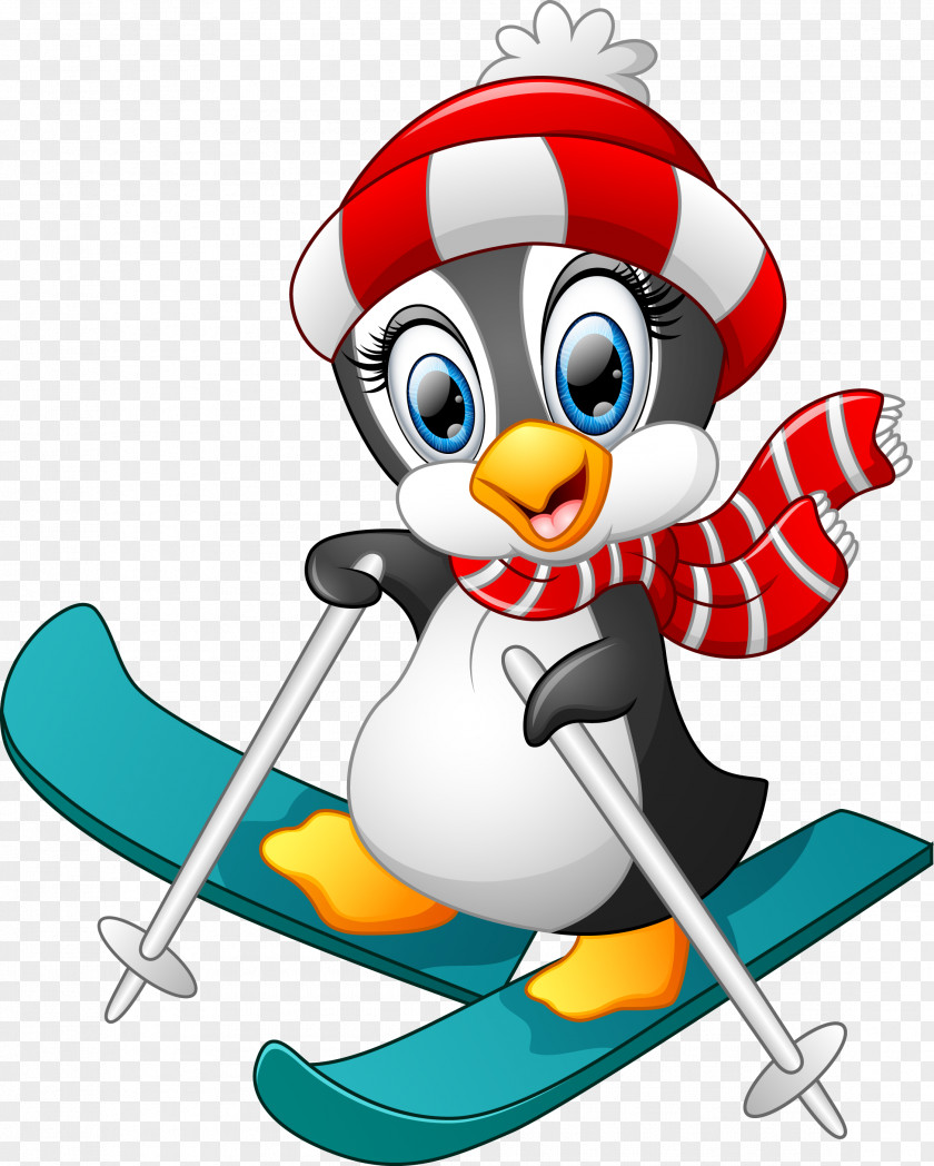 Vector Penguin Cartoon Skiing Illustration PNG