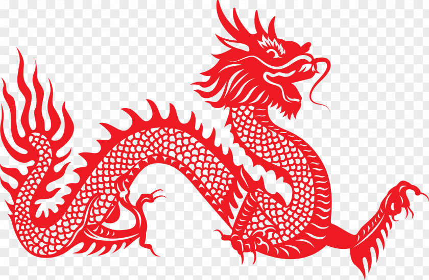 Vector Simple Decorative Red Paper-cut Dragon Chinese Papercutting Illustration PNG