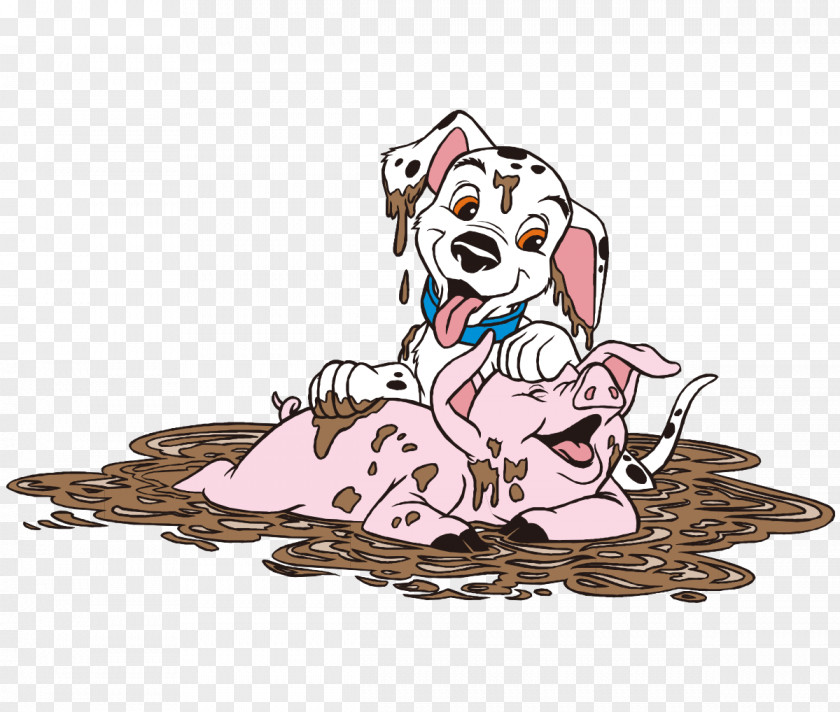 Vector Cartoon Hand Painted Cute Spotted Pig Play Dalmatian Dog Domestic Puppy Iron-on PNG