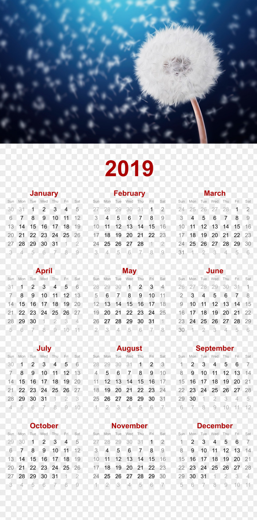 Dandelion Nature Design.Others 2019 Printable Calendar PNG