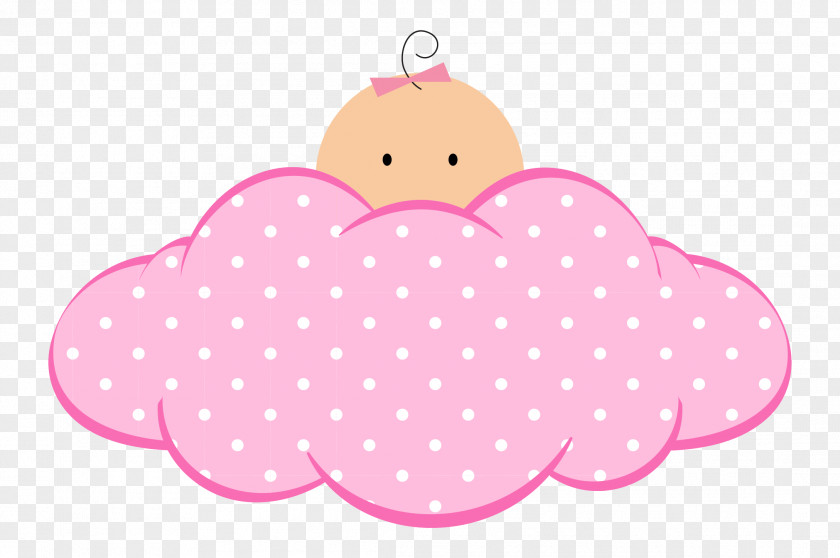 Infant Baby Shower Child Birth PNG shower , baby girl, animated small character hiding on pink and white polka-dot clouds clipart PNG