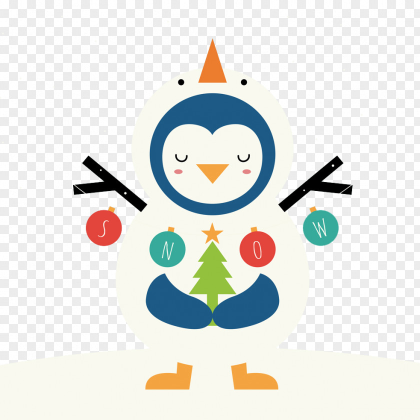 Flat Snowman Penguin Greeting Christmas Drawing Illustration PNG