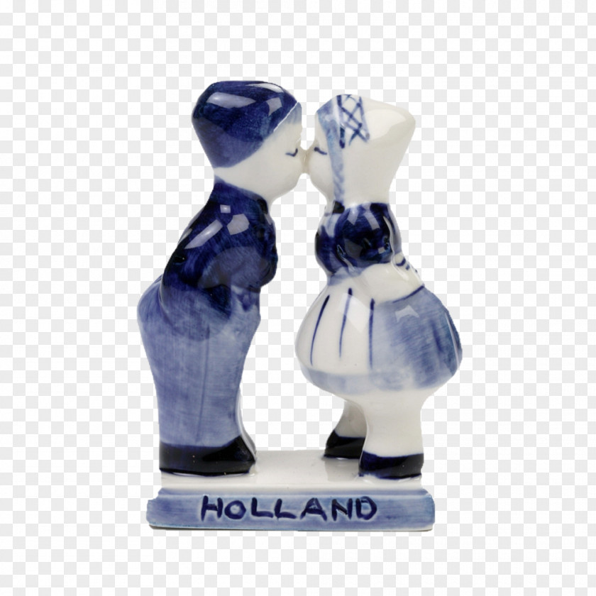 Kissing Couple Delftware Souvenir Figurine Blue PNG