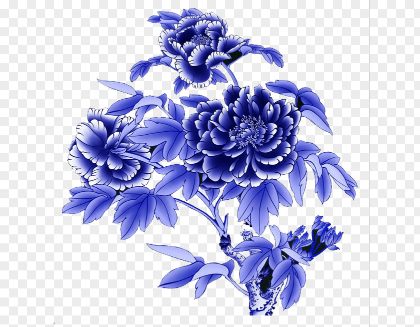 Peony Blue And White Pottery Moutan Motif Porcelain PNG