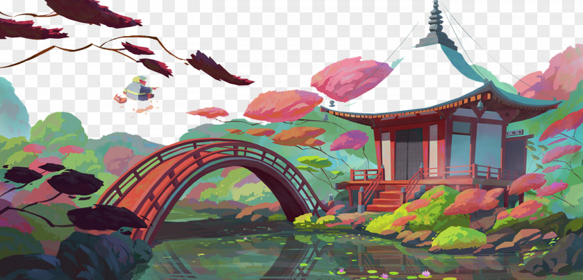 Painted Forest Pavilion Bridge Background Painting Art Animation Illustration PNG