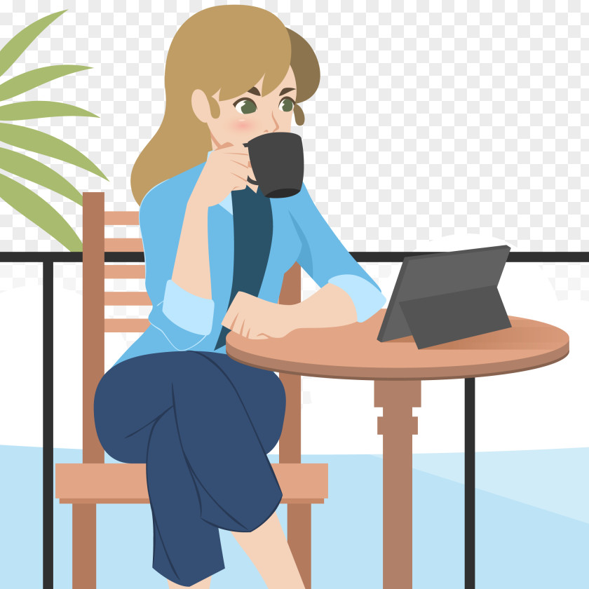 Vector Woman Drinking Coffee Cafe Drawing Starbucks PNG