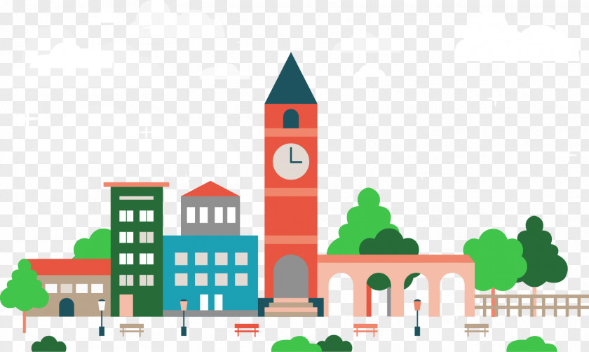 Vector Clock Tower Landscape Flat Design Cityscape Apartment PNG