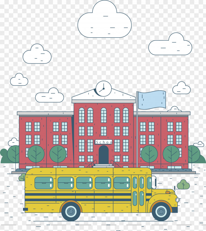 The School Bus At Gate Cartoon PNG