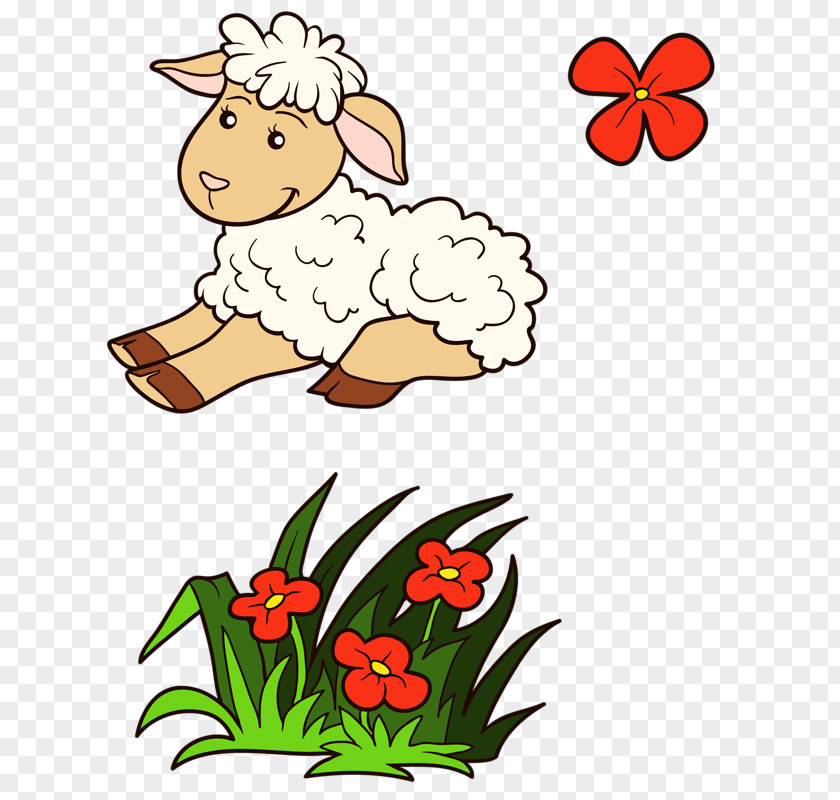 Little Goat Sheep Cartoon Floral Design Drawing PNG