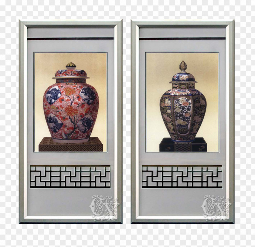 Chinese Glazed Vase Vintage Aluminum Frame Decorative Painting Picture PNG