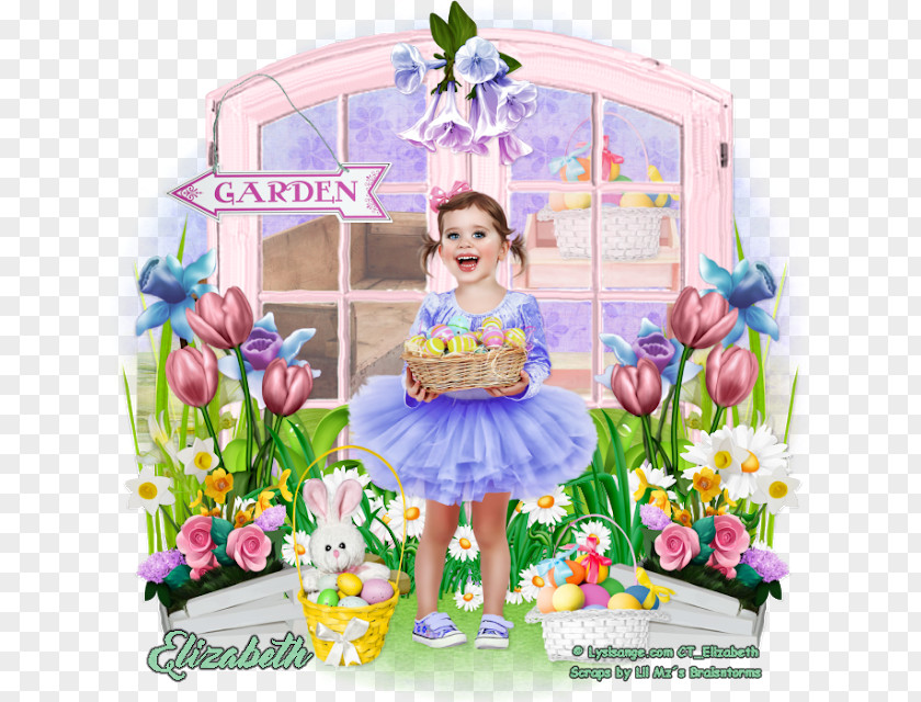 Happy Easter Typography Floral Design Lilac Cut Flowers Doll PNG