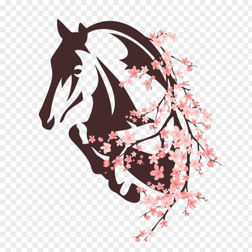 Horse And Plum Silhouette Printed T-shirt Top PNG