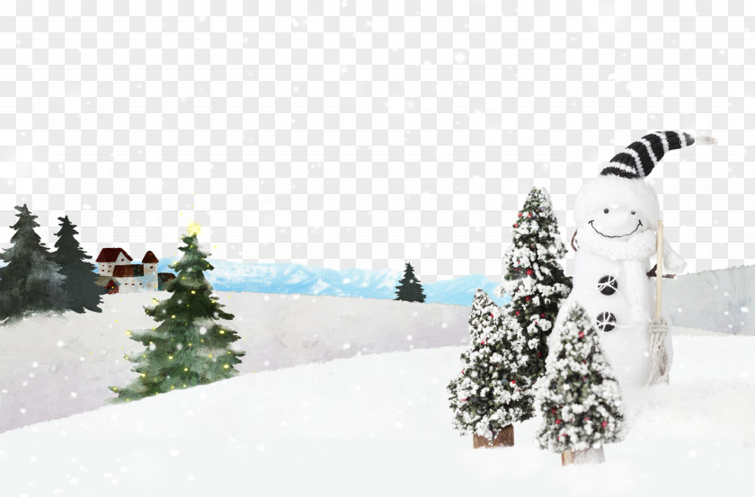 Pine And Snowman Winter Landscape PNG