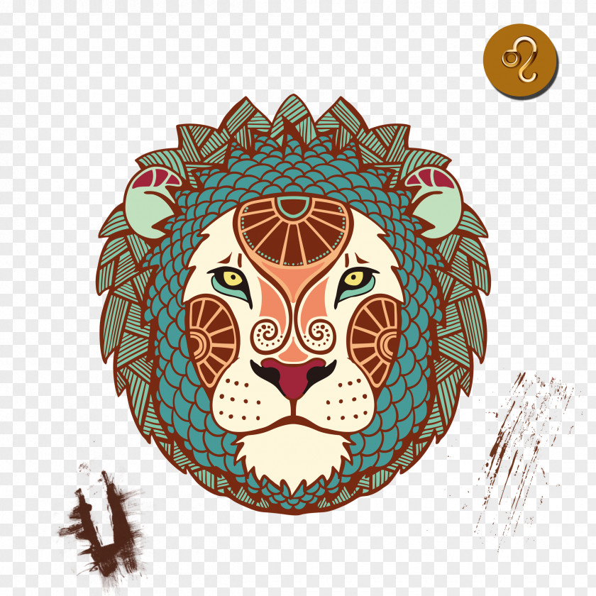 Hand-painted Cartoon Retro Lion Head Astrological Sign Zodiac Leo Horoscope Astrology PNG