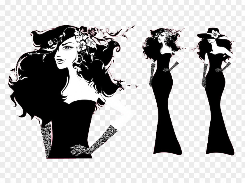 Vector Black And White Model Fashion Illustration Female PNG